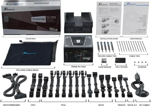 Alt view image 8 of 8 - Seasonic PRIME 1300W 80+ Platinum Power Supply, Full Modular, 135mm FDB Fan w/Hybrid Fan Control, ATX12V & EPS12V, Power On Self Tester, 12 yr Warranty, SSR-1300PD