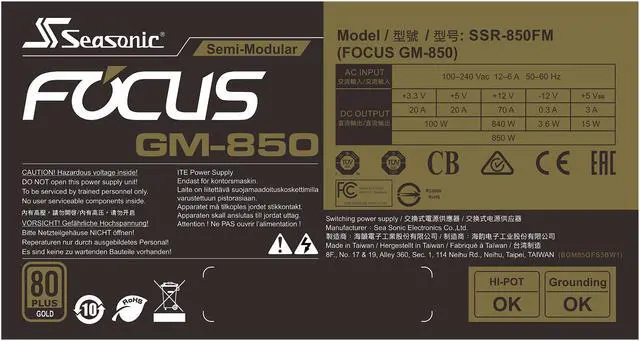 Alt view image 5 of 9 - Seasonic FOCUS GM-850, 850W 80+ Gold, Semi-Modular, ATX Form Factor, Low Noise, Premium Japanese Capacitor, 7 Year Warranty, Nvidia RTX 30/40 Super, AMD GPU Compatible, Ref# SSR-850FM