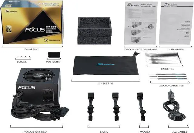 Alt view image 7 of 9 - Seasonic FOCUS GM-850, 850W 80+ Gold, Semi-Modular, ATX Form Factor, Low Noise, Premium Japanese Capacitor, 7 Year Warranty, Nvidia RTX 30/40 Super, AMD GPU Compatible, Ref# SSR-850FM