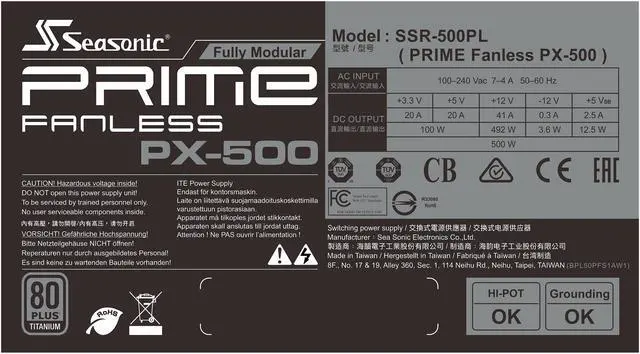 Alt view image 6 of 9 - Seasonic PRIME FANLESS PX-500, 500W 80+ Platinum, Full Modular, ATX12V & EPS12V, True Fanless Design, 12 Year Warranty, Perfect Power Supply For Situations That Demand Silence From The Equipment.