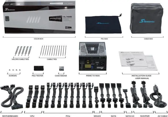 Alt view image 6 of 7 - Seasonic PRIME TX-1600, 1600W 80+ Titanium, ATX Form Factor, Full Modular, Low Noise, Premium Japanese Capacitor, 12 Year Warranty, Nvidia RTX 30/40 Super, AMD GPU Compatible, Ref# SSR-1600TR