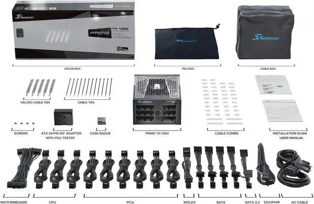 Alt view image 12 of 12 - Seasonic PRIME TX-1300, 1300W 80+ Titanium, ATX 3.0 & PCIe 5.0 Ready, Full Modular, ATX Form Factor, Low Noise, Premium Japanese Capacitor, Nvidia RTX 40 Super/50, AMD GPU Compatible, Ref# SSR-1300TR2