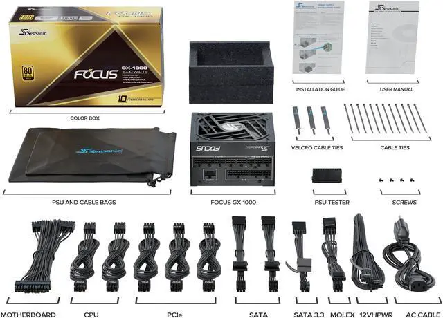 Alt view image 12 of 12 - Seasonic FOCUS V3 GX-1000, 1000W 80+ Gold, ATX 3.0 & PCIe 5.0 Ready, Full-Modular, Low Noise, Premium Japanese Capacitor, 10 Year Warranty, Nvidia RTX 30/40 Super, AMD GPU Compatible, Ref# SSR-1000FX3