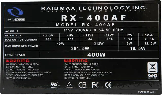 Alt view image 5 of 9 - RAIDMAX RX-400AF 400 W ATX12V / EPS12V 80 PLUS BRONZE Certified Power Supply