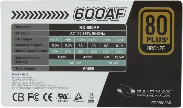 Alt view image 5 of 7 - RAIDMAX RX-600AF 600 W ATX12V / EPS12V SLI Ready CrossFire Ready 80 PLUS BRONZE Certified Power Supply
