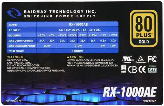 Alt view image 4 of 6 - RAIDMAX RX-1000AE 1000 W ATX12V v2.3 / EPS12V SLI Certified CrossFire Ready 80 PLUS GOLD Certified Modular Active PFC Power Supply