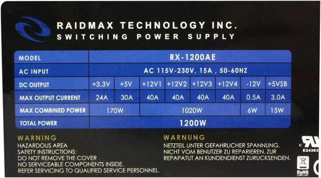 Alt view image 6 of 8 - RAIDMAX RX-1200AE 1200 W ATX12V v2.3 / EPS12V SLI Certified CrossFire Ready 80 PLUS GOLD Certified Modular Active PFC Power Supply