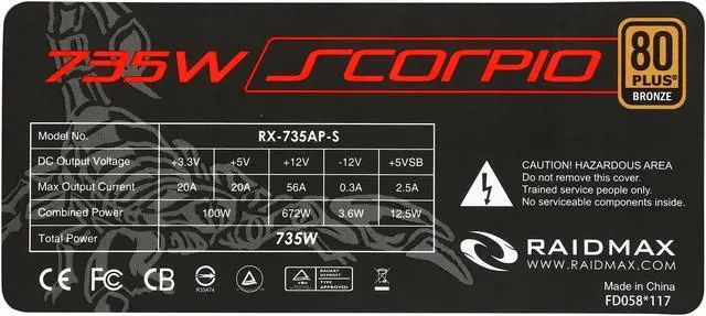 Alt view image 6 of 7 - RAIDMAX Scorpio series RX-735AP-S 735 W ATX12V / EPS12V SLI Ready CrossFire Ready 80 PLUS BRONZE Certified Semi-Modular Power Supply