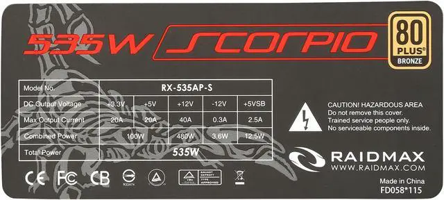Alt view image 7 of 7 - RAIDMAX Scorpio series RX-535AP-S 535 W ATX12V / EPS12V SLI Ready CrossFire Ready 80 PLUS BRONZE Certified Modular Power Supply