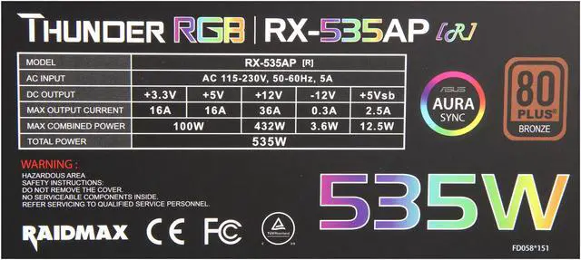 Alt view image 6 of 9 - RAIDMAX Thunder RGB RX-535AP-R 535 W ATX 12V v2.3 / EPS 12V 80 PLUS BRONZE Certified Modular Power Supply