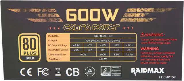 Alt view image 3 of 8 - RAIDMAX Cobra series RX-600AE-M 600 W ATX12V / EPS12V 80 PLUS GOLD Certified Full Modular Power Supply
