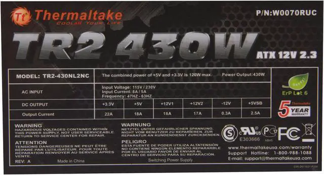 Alt view image 5 of 7 - Thermaltake TR2 W0070 430W ATX 12V 2.2  Power Supply