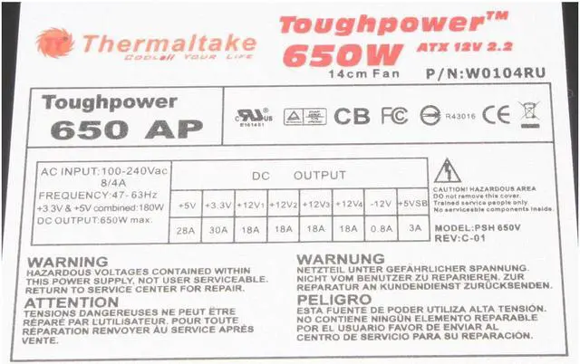 Alt view image 4 of 8 - Thermaltake toughpower W0104RU 650W ATX12V / EPS12V SLI Certified CrossFire Ready 80 PLUS BRONZE Certified  Active PFC Power Supply