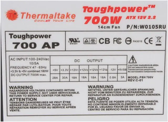 Alt view image 4 of 8 - Thermaltake toughpower W0105RU 700 W ATX12V / EPS12V SLI Certified CrossFire Certified 80 PLUS BRONZE Certified Active PFC Power Supply