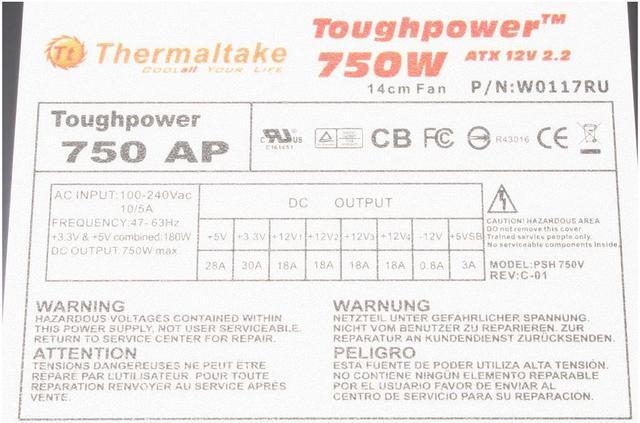 Alt view image 4 of 8 - Thermaltake toughpower W0117RU 750 W ATX12V / EPS12V SLI Certified CrossFire Ready 80 PLUS BRONZE Certified Active PFC Power Supply