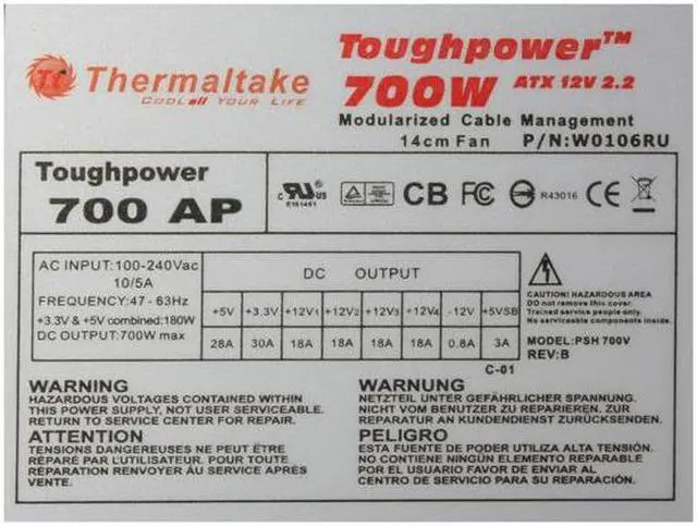 Alt view image 5 of 9 - Thermaltake W0106RU 700 W Complies with ATX 12V 2.2 & EPS 12V version SLI Certified 80 PLUS Certified Modular Active PFC Power Supply