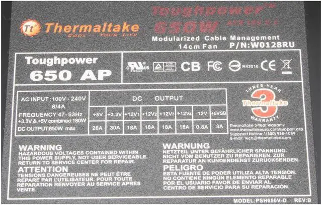 Alt view image 4 of 8 - Thermaltake Toughpower W0128RU 650 W ATX12V / EPS12V SLI Ready Modular Active PFC Power Supply