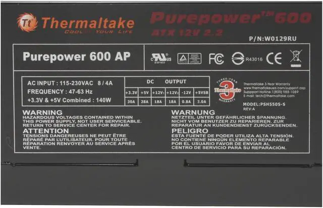 Alt view image 3 of 7 - Thermaltake Purepower W0129RU 600 W ATX12V SLI Ready Active PFC Power Supply