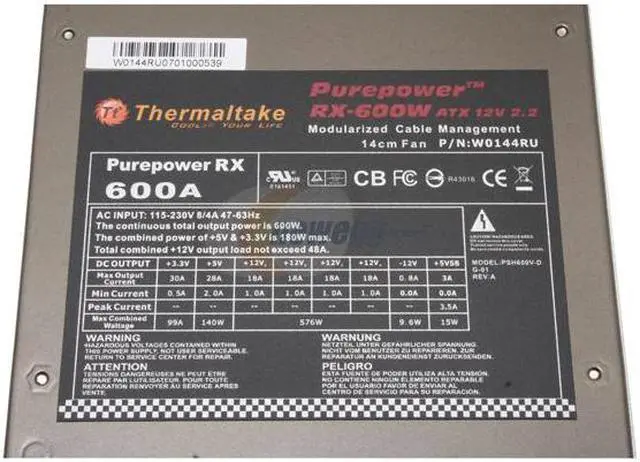 Alt view image 5 of 9 - Thermaltake Purepower RX W0144RU 600W ATX12V / EPS12V SLI Ready CrossFire Ready Modular Active PFC Power Supply