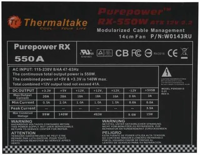 Alt view image 3 of 7 - Thermaltake Purepower RX W0143RU 550W ATX12V / EPS12V SLI Ready CrossFire Ready Modular Active PFC Power Supply