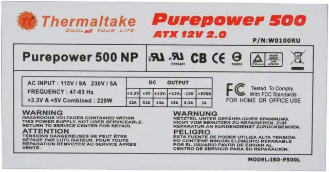 Alt view image 2 of 13 - Thermaltake Purepower W0100RU 500 W ATX 12V 2.0 Power Supply