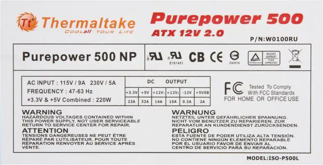 Alt view image 11 of 13 - Thermaltake Purepower W0100RU 500 W ATX 12V 2.0 Power Supply