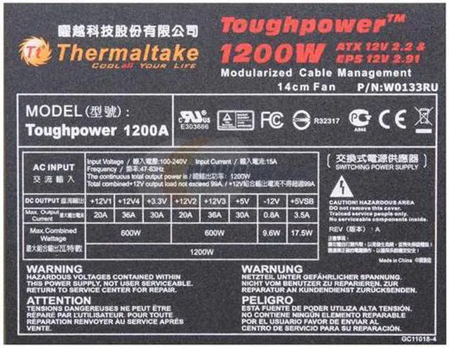 Alt view image 4 of 7 - Thermaltake Toughpower W0133RU 1200W ATX12V / EPS12V SLI Certified CrossFire Ready 80 PLUS Certified Modular Active PFC Power Supply GeForce GTX 480 Certified