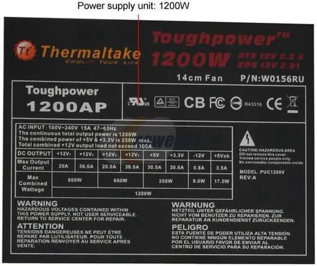 Alt view image 2 of 8 - Thermaltake Toughpower W0156RU 1200 W ATX12V / EPS12V SLI Ready CrossFire Certified 80 PLUS BRONZE Certified Active PFC Power Supply