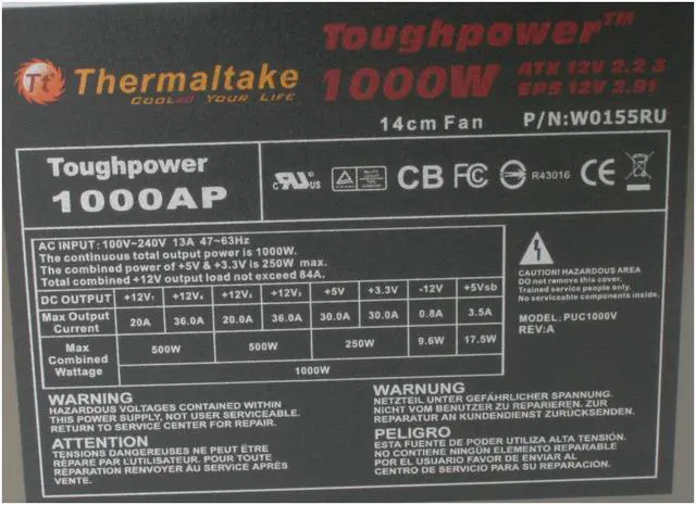 Alt view image 3 of 8 - Thermaltake Toughpower W0155RU 1000 W ATX12V / EPS12V SLI Certified CrossFire Ready 80 PLUS Certified Active PFC Power Supply