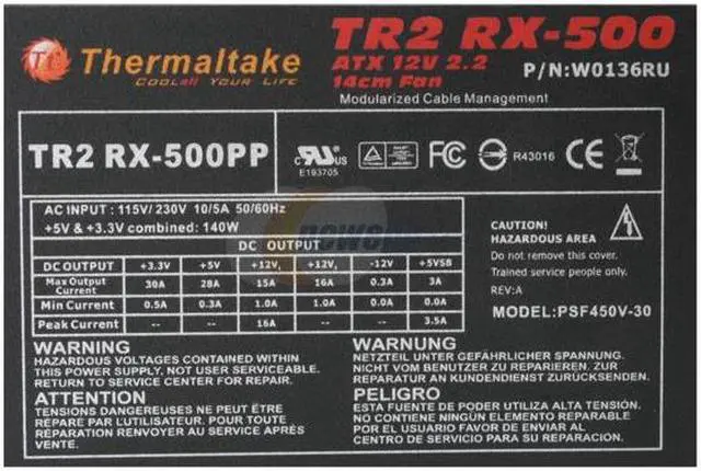 Alt view image 4 of 6 - Thermaltake TR2 RX W0136RU 500W ATX12V Ver2.2  Modular Passive PFC PFC Power Supply