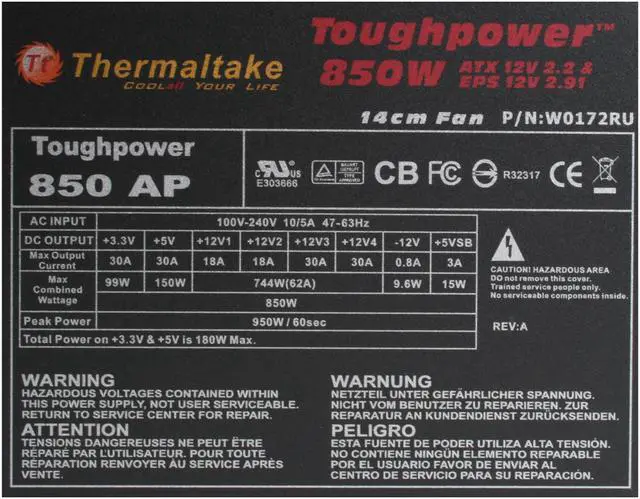 Alt view image 4 of 10 - Thermaltake Toughpower W0172RU 850 W ATX12V / EPS12V SLI Ready CrossFire Ready 80 PLUS BRONZE Certified Active PFC Power Supply