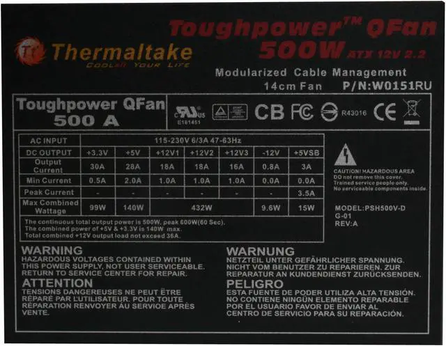 Alt view image 4 of 9 - Thermaltake Toughpower QFan Series W0151RU 500 W ATX 12V 2.2/ EPS 12V 2.91 SLI Ready CrossFire Ready 80 PLUS Certified Modular Active PFC Power Supply
