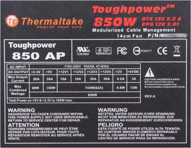 Alt view image 5 of 7 - Thermaltake Toughpower W0178RU 850 W ATX12V V2.2 / EPS12V V2.91 SLI Certified 80 PLUS Certified Modular Active PFC Power Supply