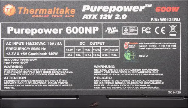 Alt view image 4 of 10 - Thermaltake Purepower W0121RU 600W ATX12V V2.0 SLI Ready CrossFire Ready Power Supply