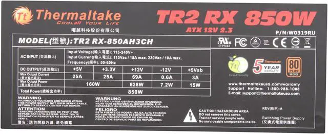 Alt view image 5 of 7 - Thermaltake Black Widow W0319RU 850 W ATX 12V v2.3, EPS 12V v2.91 CrossFire Certified 80 PLUS BRONZE Certified Modular Active PFC Power Supply
