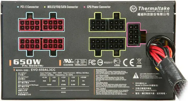 Alt view image 11 of 16 - Thermaltake EVO_Blue W0307RU 650 W ATX 12V 2.3 / EPS 12V 2.91 CrossFire Certified Modular Active PFC Power Supply