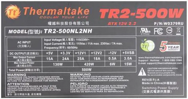 Alt view image 5 of 7 - Thermaltake TR2 W0379RU 500 W ATX 12V v2.2 Power Supply