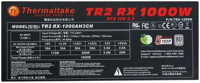 Alt view image 5 of 7 - Thermaltake TR2 RX TRX-1000M 1000 W ATX 12V v2.3 /  EPS 12V v2.91 SLI Ready CrossFire Ready 80 PLUS Certified Modular Active PFC Power Supply