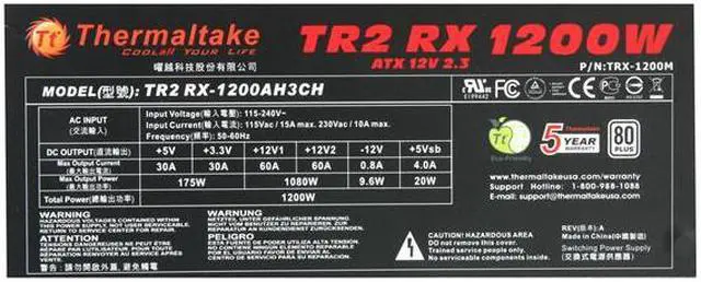 Alt view image 5 of 7 - Thermaltake TR2 TRX-1200M 1200 W ATX 12V v2.3 /  EPS 12V v2.91 80 PLUS Certified Modular Active PFC Power Supply