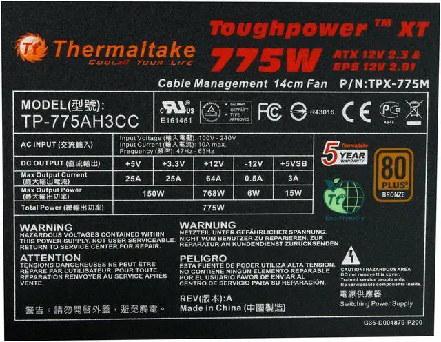 Alt view image 5 of 7 - Thermaltake Toughpower XT TPX-775M 775W ATX 12V v2.3 /  EPS 12V v2.91 SLI Certified CrossFire Certified 80 PLUS BRONZE Certified Modular Active PFC Power Supply GeForce GTX 470 Certified