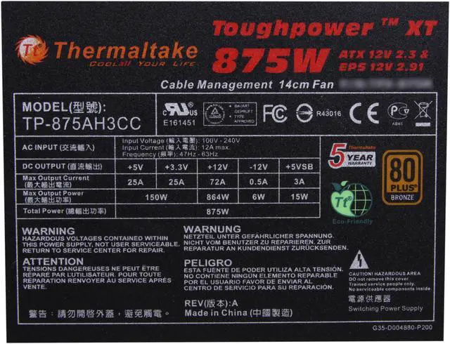 Alt view image 5 of 7 - Thermaltake Toughpower XT TPX-875M 875W ATX 12V v2.3 /  EPS 12V v2.91 SLI Certified CrossFire Certified 80 PLUS BRONZE Certified Modular Active PFC Power Supply GeForce GTX 470 Certified