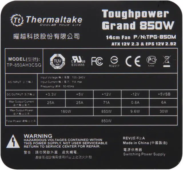 Alt view image 5 of 7 - Thermaltake Toughpower Grand TPG-850M 850 W ATX 12V v2.3 & SSI EPS 12V v2.92 SLI Certified CrossFire Certified 80 PLUS GOLD Certified Active PFC Power Supply