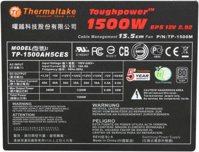 Alt view image 5 of 7 - Thermaltake TP-1500M 1500 W ATX 12V v2.3 & EPS 12V v2.92 SLI Certified CrossFire Certified 80 PLUS SILVER Certified Modular Active PFC Power Supply