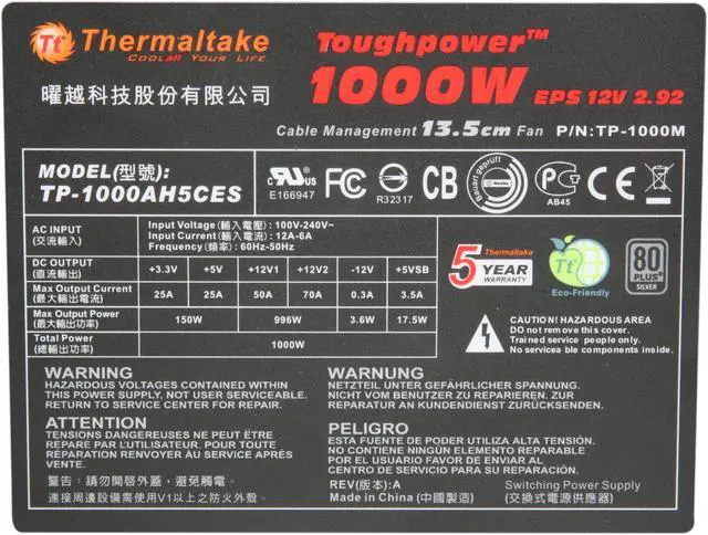Alt view image 5 of 7 - Thermaltake TP-1000M 1000 W ATX 12V v2.3 & EPS 12V v2.92 SLI Certified CrossFire Certified 80 PLUS SILVER Certified Modular Active PFC Power Supply