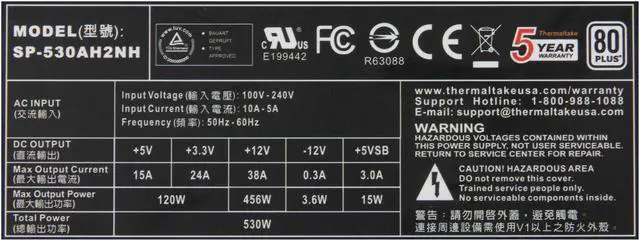 Alt view image 5 of 7 - Thermaltake Smart SP-530P 530 W ATX 12V 2.3 80 PLUS Certified Active PFC Power Supply