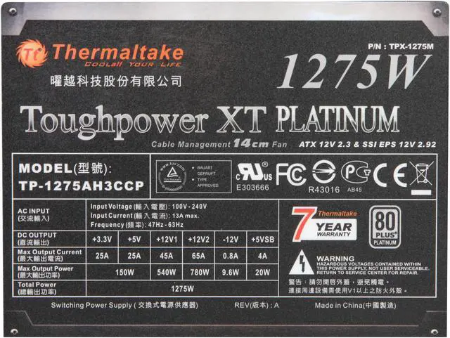 Alt view image 5 of 7 - Thermaltake Toughpower XT TPX-1275M 1275 W ATX 12V 2.3 & SSI EPS 12V 2.92 SLI Ready CrossFire Ready 80 PLUS PLATINUM Certified Modular Active PFC Power Supply
