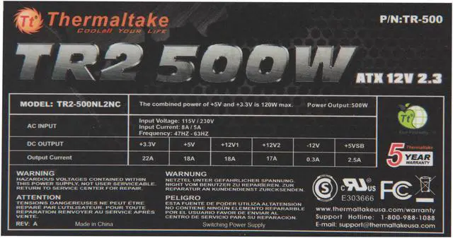 Alt view image 5 of 8 - Thermaltake TR2 TR-500 500 W ATX12V v2.3 SLI Ready CrossFire Ready SLI CrossFire Power Supply