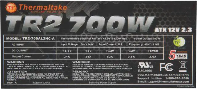 Alt view image 6 of 7 - Thermaltake TR2 Bronze 700W SLI / CrossFire Ready Continuous Power ATX12V v2.31 / EPS v2.92 80 PLUS BRONZE CertifiedActive PFC Power Supply Haswell Ready TR-700