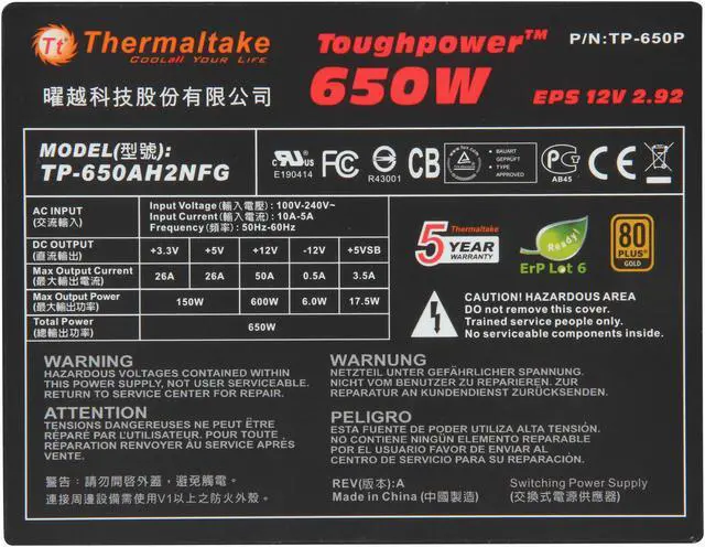 Alt view image 5 of 7 - Thermaltake Tough Power TP-650P 650 W ATX 12V 2.3 & SSI EPS 12V 2.92 SLI Ready CrossFire Ready 80 PLUS GOLD Certified Active PFC Power Supply