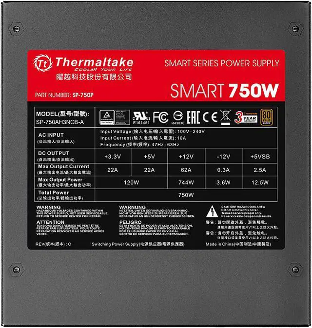 Alt view image 6 of 8 - Thermaltake Smart Series SP- 750P 750W ATX 12V v2.4 / EPS v2.92 80 PLUS BRONZE Certified Active PFC Power Supply, SP-750PCBUS
